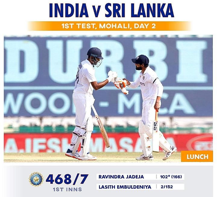 IND vs SL 1st Test, Day 2: ಜಡೇಜಾ ಶತಕ- ಭೋಜನ ವಿರಾಮಕ್ಕೆ ಭಾರತ 468/7