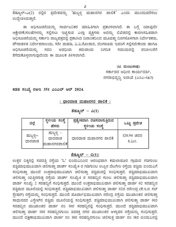 ಧಾರವಾಡ: ಪ್ರತ್ಯೇಕ ಪಾಲಿಕೆಯ ಗೆಜೆಟ್ ನೋಟಿಫಿಕೇಶನ್ ಹೊರಡಿಸಿದ ಸರ್ಕಾರ
