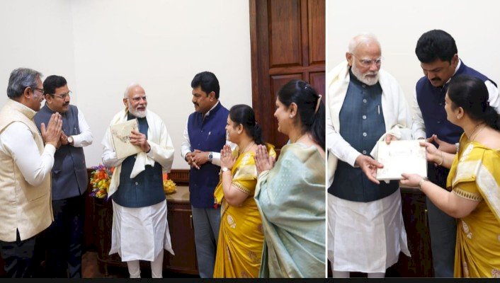 ಪ್ರಧಾನಿ ಮೋದಿ ಭೇಟಿಯಾದ ಯಡಿಯೂರಪ್ಪ ಪುತ್ರರು - ರಾಘವೇಂದ್ರ ಪುತ್ರನ ವಿವಾಹಕ್ಕೆ ಆಮಂತ್ರಣ